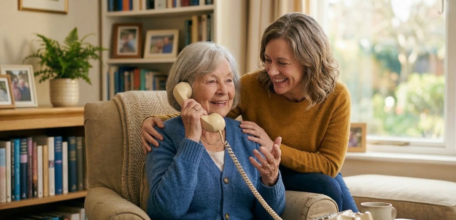 Elderly woman smiling while on the phone, with her caregiver beside her